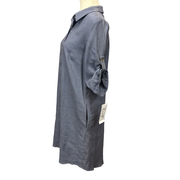 Everlily Button-Down Shirt Dress Roll-Up Sleeves Womens PL Linen Blend Pockets - Picture 5 of 12